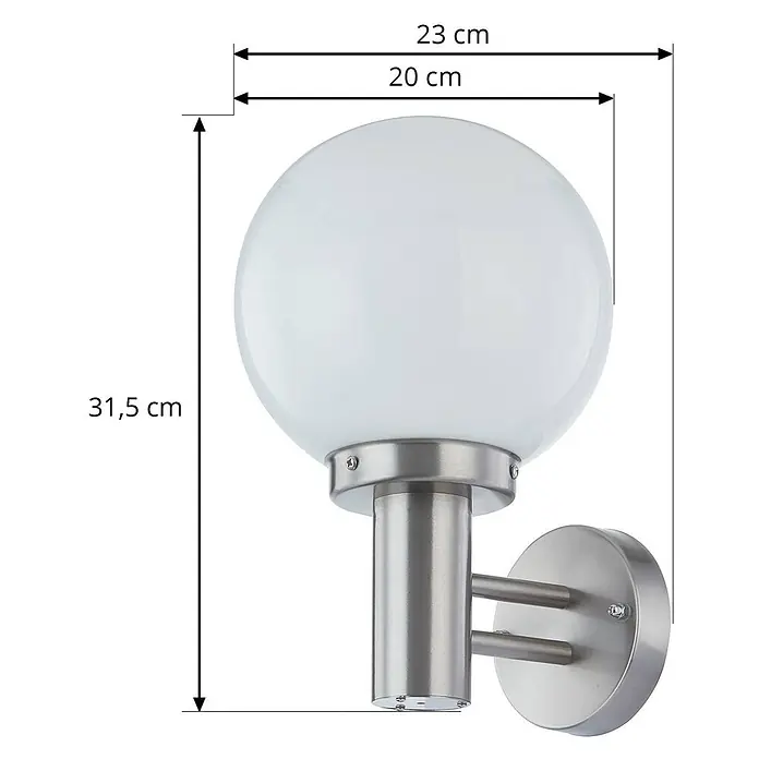 Lindby Außenwandleuchte Nada - alu / grau / zink, IP44 - Außenwandleuchte mit weißem Kugelglas und gebürstetem Edelstahlfuß.