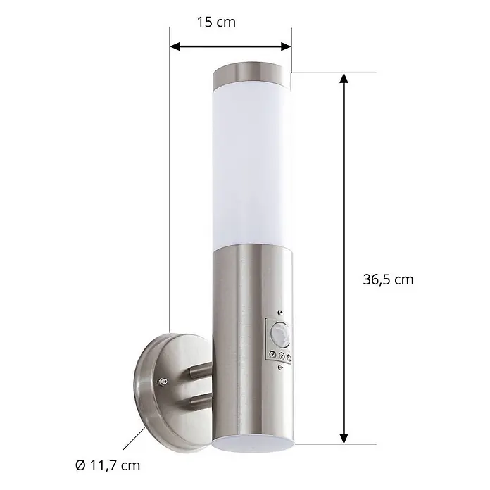 Lindby Außenwandleuchte Kristof - alu / grau / zink, alu / grau / zink, IP44 - Außenwandleuchte aus gebürstetem Edelstahl mit weißem zylindrischem Diffusor, integriertem Bewegungssensor und drei Einstellrädern.