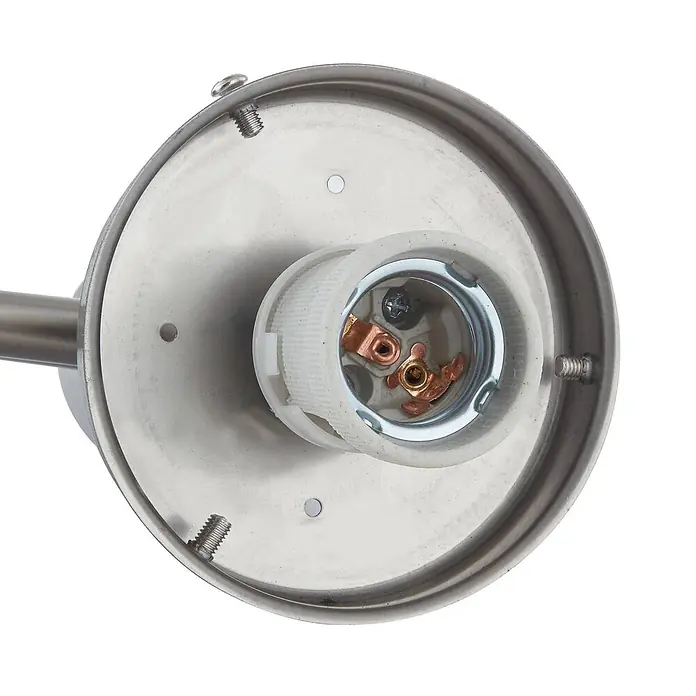 Lindby Außenwandleuchte Nada - alu / grau / zink, IP44 - Gebürstete Metall-Leuchtenbasis mit freiliegender weißer Kunststoff-Glühbirnenfassung und Kupferkontakten.