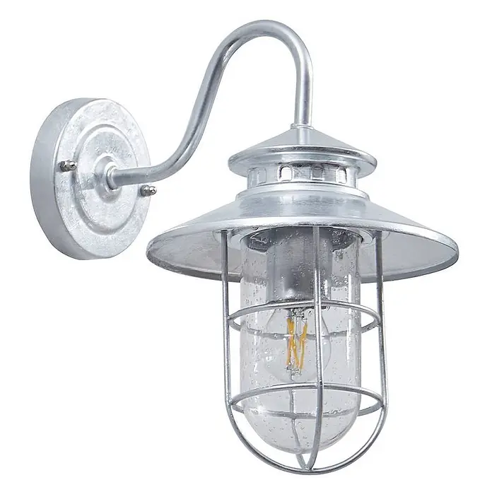 Lindby Außenwandleuchte Naleta - alu / grau / zink, IP44 - Galvanisierte Außenwandleuchte mit Schwanenhalsarm, klarem Saatglas und Schutzgitter.