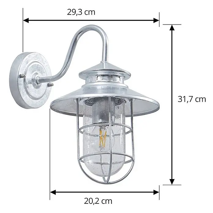 Lindby Außenwandleuchte Naleta - alu / grau / zink, IP44 - Wandleuchte aus verzinktem Metall mit gebogenem Arm, klarem Samenglas und Schutzgitter.