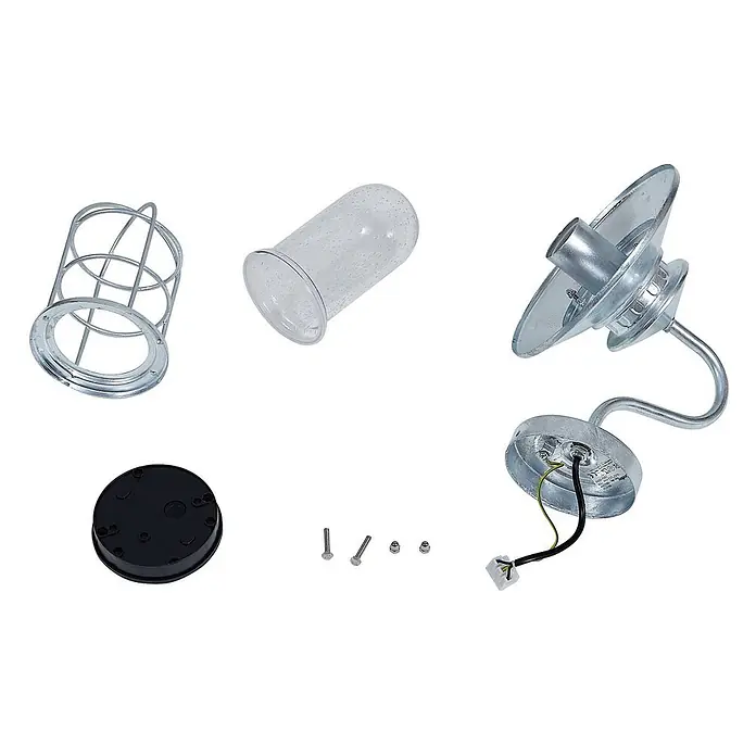 Lindby Außenwandleuchte Naleta - alu / grau / zink, IP44 - Zerlegte Wandleuchte für den Außenbereich aus silbernem Metall und klarem Glas: Käfig, Diffusor, Leuchte mit Kabel, Montageplatte, Schrauben.