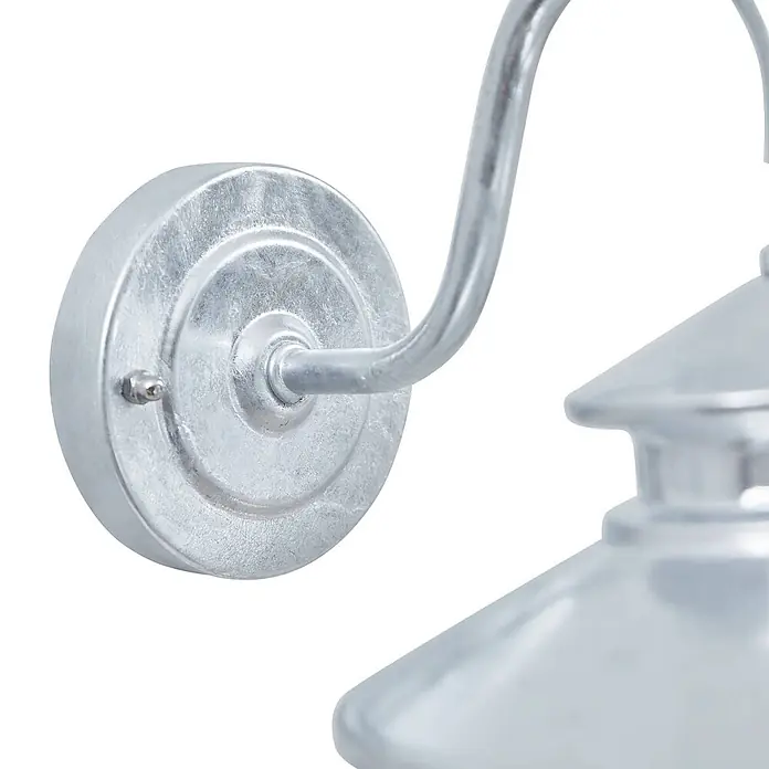 Lindby Außenwandleuchte Naleta - alu / grau / zink, IP44 - Silberfarbene galvanisierte Wandleuchte mit runder Montageplatte und gebogenem Arm.