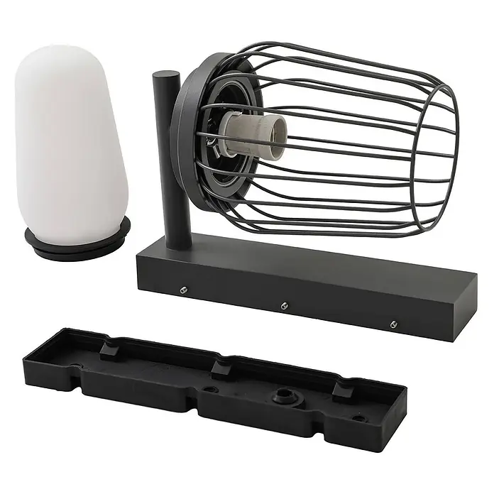 Lucande Außenwandleuchte Chandan - schwarz, schwarz, IP54 - Zerlegte schwarze Außenwandleuchte mit Metallkäfig, weißem Diffusor und Montageplatte.