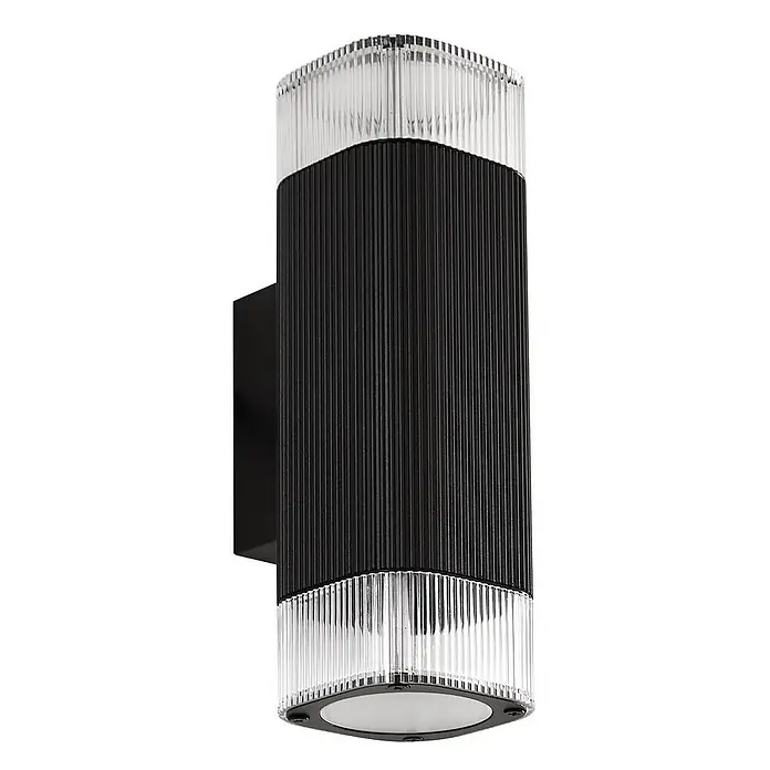 Lindby Außenwandleuchte Halvar - 8 x 11 x 24 cm, schwarz, klar / transparent, IP65 - Schwarze rechteckige Up-Down-Wandleuchte mit geripptem Metallgehäuse und klaren gerippten Diffusoren.