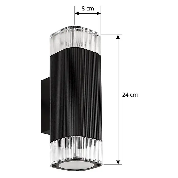 Lindby Außenwandleuchte Halvar - 8 x 11 x 24 cm, schwarz, klar / transparent, IP65 - Schwarz-klare gerippte Außenwandleuchte, 8 cm breit, 24 cm hoch.