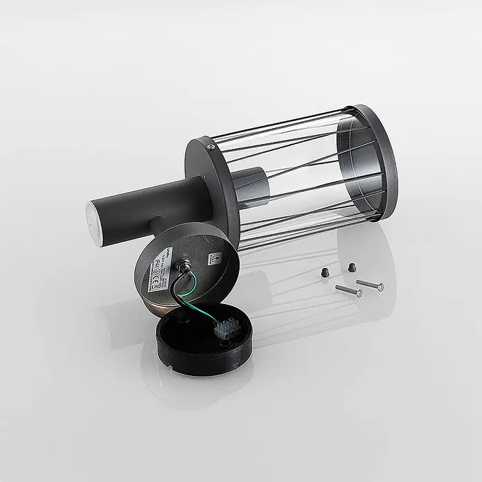 Lindby Außenwandleuchte Yonan - schwarz, schwarz, IP44 - Schwarze Außenwandleuchte mit Klarglas und Metallstäben, zur Installation zerlegt mit Verkabelung, Montageplatte und Befestigungsmaterial.