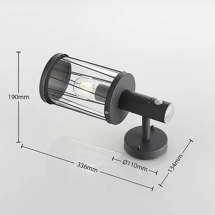 Lindby Außenwandleuchte Yonan - schwarz, schwarz, IP44 - Schwarze Wandleuchte aus Metall und Glas mit Bewegungssensor. Maße: 336x190mm, Basis Ø110mm.