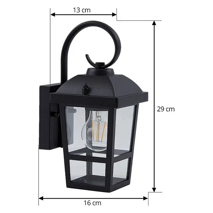 Lindby Außenwandleuchte Eloane - 16 x 13 x 29 cm, schwarz, schwarz, IP44 - Schwarze Metall-Außenwandlaterne mit klaren Glasscheiben und sichtbarer Filamentbirne, 29x16x13 cm.