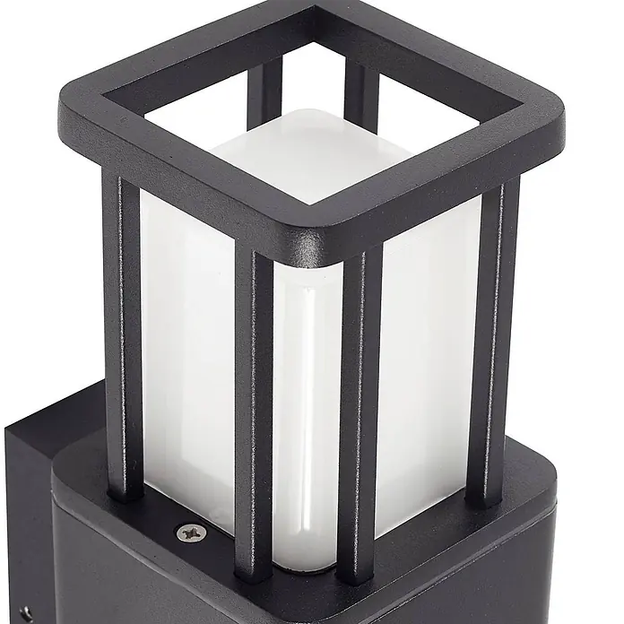 Lucande Außenwandleuchte Dakil - schwarz, schwarz, IP65 - Schwarze moderne Außenwandleuchte mit quadratischem Käfigdesign und weißem mattiertem Diffusor.