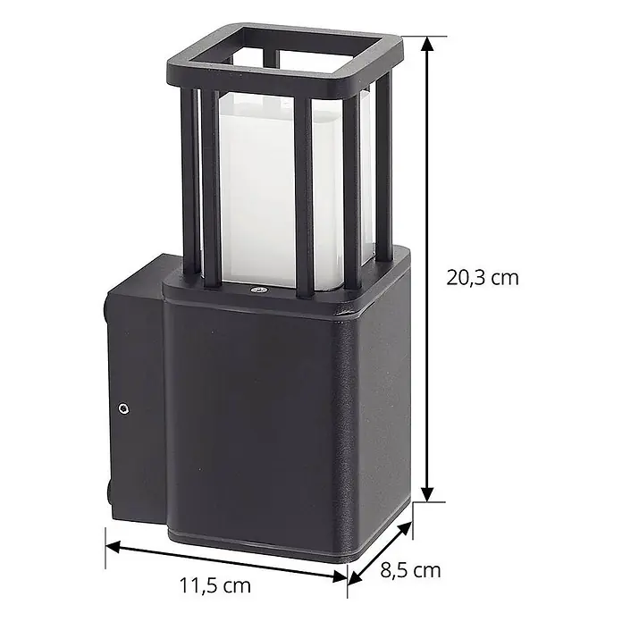 Lucande Außenwandleuchte Dakil - schwarz, schwarz, IP65 - Dunkelgraue quadratische Wandleuchte mit Käfigdesign und weißem Diffusor.