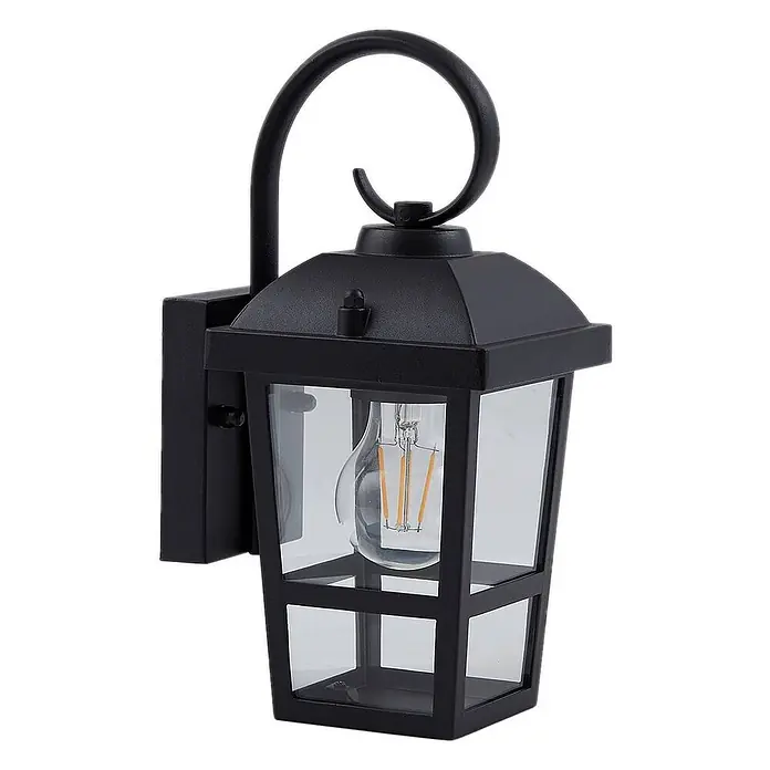 Lindby Außenwandleuchte Eloane - 16 x 13 x 29 cm, schwarz, schwarz, IP44 - Schwarze Außenwandleuchte mit Klarglas und freiliegender Glühbirne, wandmontiert.