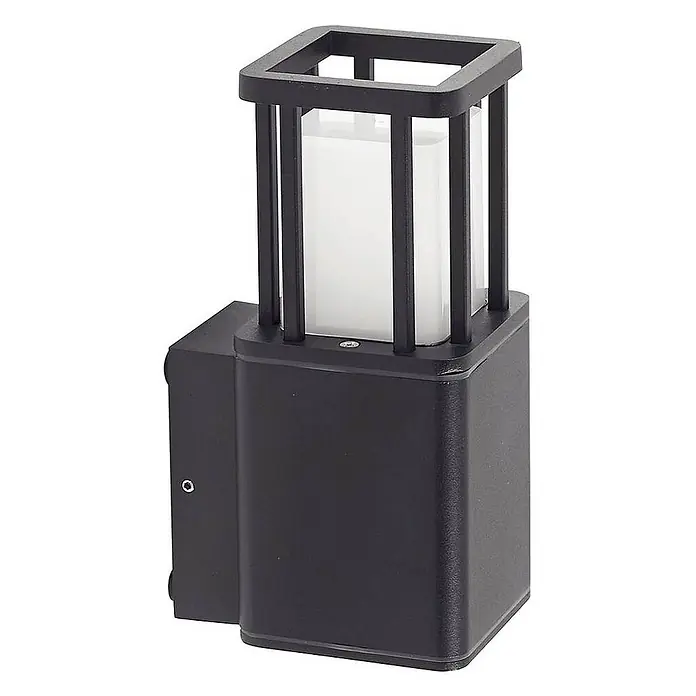 Lucande Außenwandleuchte Dakil - schwarz, schwarz, IP65 - Schwarze Außenwandleuchte mit quadratischem Sockel und einem käfigartigen Oberteil um einen weißen Diffusor.