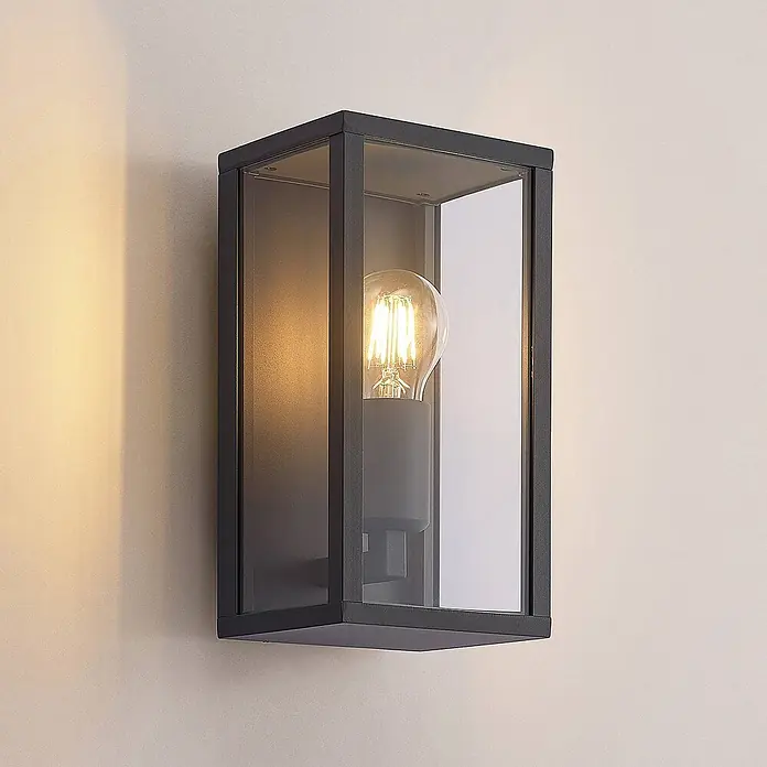 Lindby Außenwandleuchte Peldar - schwarz, IP44 - Schwarze, rechteckige Wandleuchte mit Klarglasscheiben und beleuchteter LED-Glühfadenlampe.
