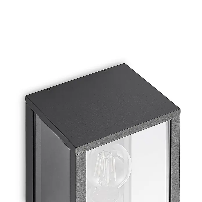 Lindby Außenwandleuchte Peldar - schwarz, IP44 - Dunkelgraue Außenwandleuchte mit Klarglas und sichtbarer Glühbirne.