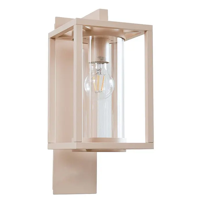 Lucande Außenwandleuchte Ferda - creme / amber, creme / amber, IP44 - Beigefarbene Metall-Außenwandleuchte mit klarem Glaszylinder und sichtbarer LED-Glühlampe.