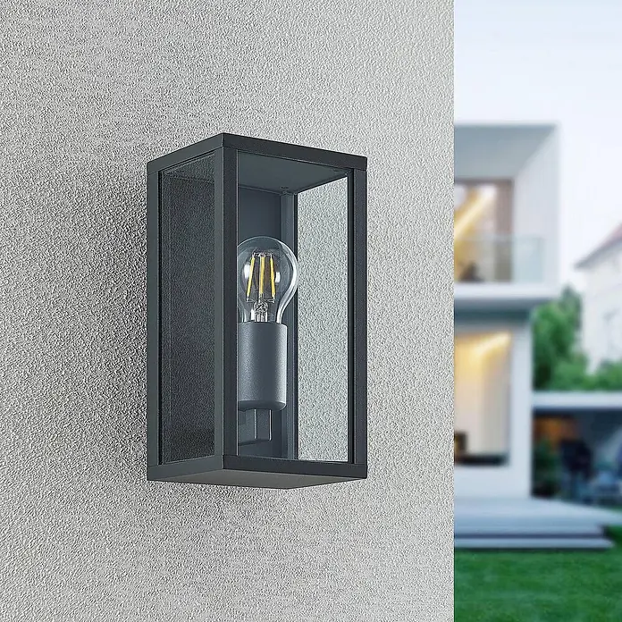Lindby Außenwandleuchte Peldar - schwarz, IP44 - Schwarze rechteckige Außenwandleuchte mit Klarglas und sichtbarer Filament-LED-Birne.
