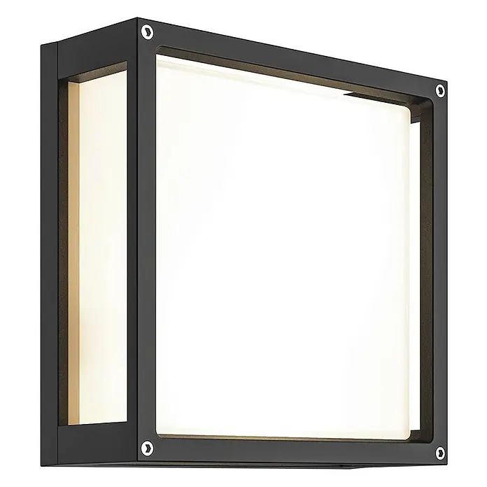Lucande Außenwandleuchte Aurelien - schwarz, IP54 - Quadratische schwarze Außenwandleuchte mit weißem, diffusem Lichtpaneel und sichtbaren Eckbefestigungen.