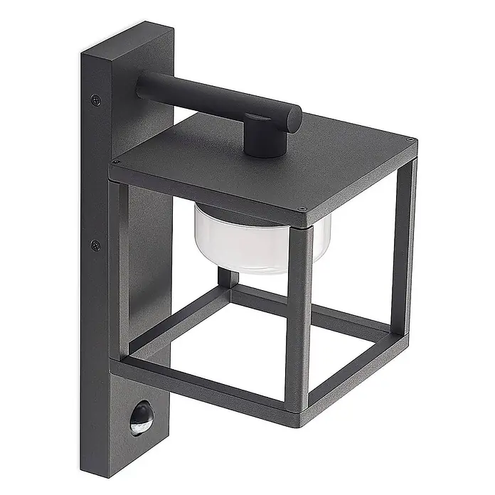 Lucande Außenwandleuchte Timio - alu / grau / zink, alu / grau / zink, IP44 - Moderne dunkelgraue Außenwandleuchte mit Quaderrahmen, weißem Diffusor und integriertem Bewegungssensor.