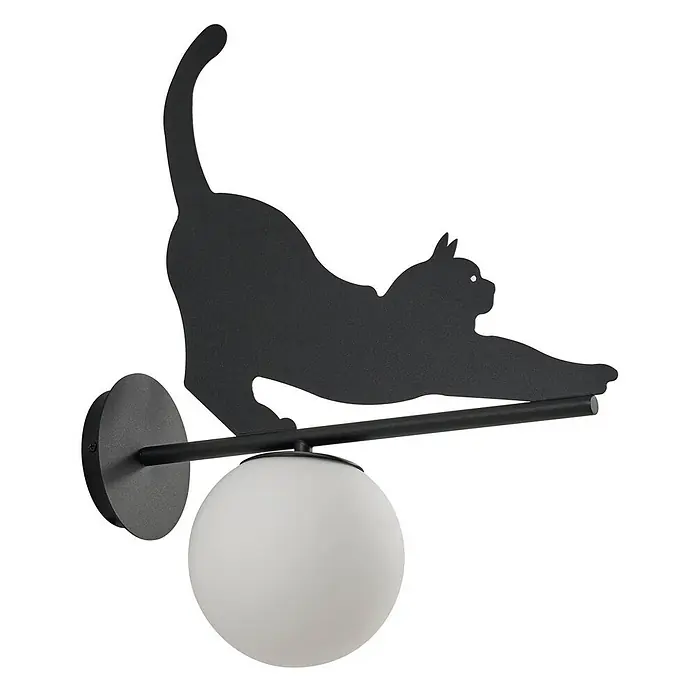 Lindby Außenwandleuchte Katti Cat - 45 x 15 x 40 cm, schwarz, weiß / opal, IP44 - Schwarzmetall-Wandlampe in Form einer sich streckenden Katze mit weißem kugelförmigem Diffusor.