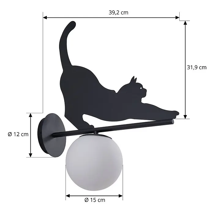 Lindby Außenwandleuchte Katti Cat - 45 x 15 x 40 cm, schwarz, weiß / opal, IP44 - Schwarze Wandleuchte aus Metall in Form einer streckenden Katze mit weißer Kugelglühbirne.