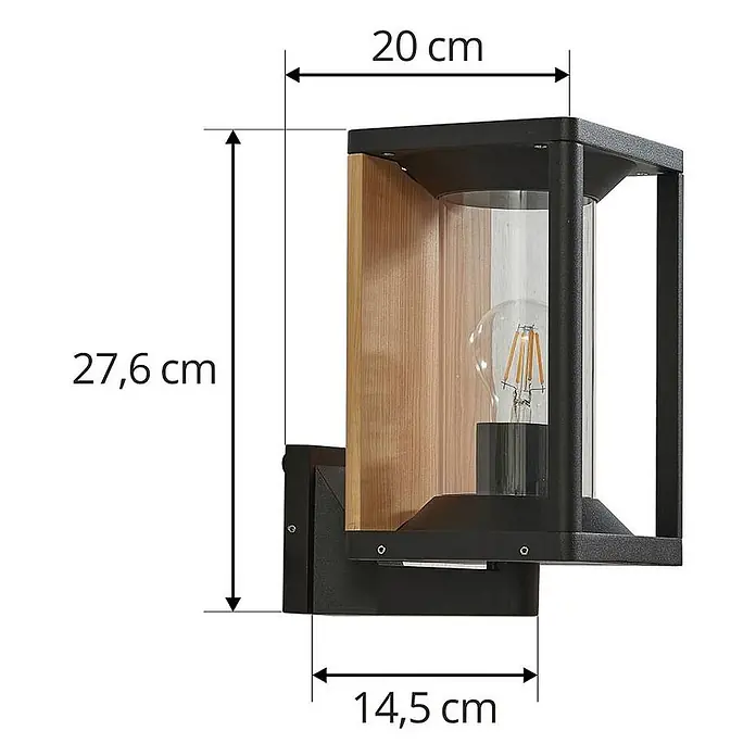 Lucande Außenwandleuchte Candina - 20 x 14,6 x 27,6 cm, schwarz, klar / transparent, IP65 - Schwarze Metall- und Holz-Wandleuchte mit Klarglaszylinder und sichtbarer Glühbirne.