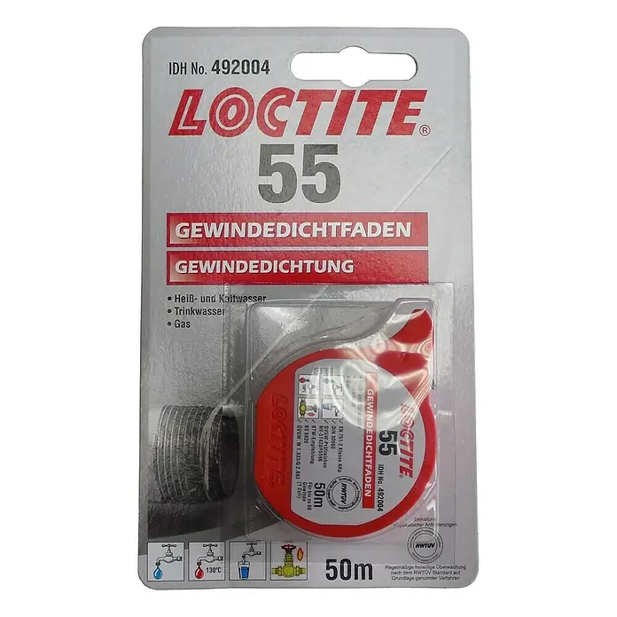 Gewindedichtfaden Loctite 55 - 50 m - Loctite 55 Gewindedichtfaden, ideal für Rohrdichtungen. Geeignet für Heiß- und Kaltwasser, Trinkwasser und Gas. Länge: 50 Meter.