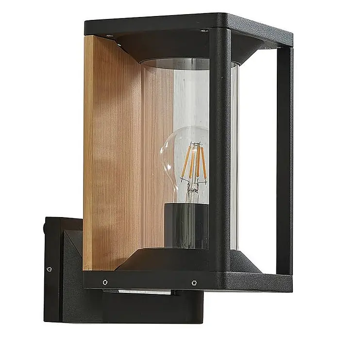 Lucande Außenwandleuchte Candina - 20 x 14,6 x 27,6 cm, schwarz, klar / transparent, IP65 - Schwarze Metall- und Holz-Außenwandleuchte mit Klarglaszylinder und LED-Glühbirne.