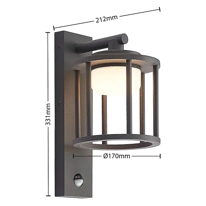 Lucande Außenwandleuchte Berenike - alu / grau / zink, alu / grau / zink, IP44 - Anthrazitfarbene Außenwandleuchte mit Käfigdesign, mattiertem Diffusor und integriertem Bewegungssensor.