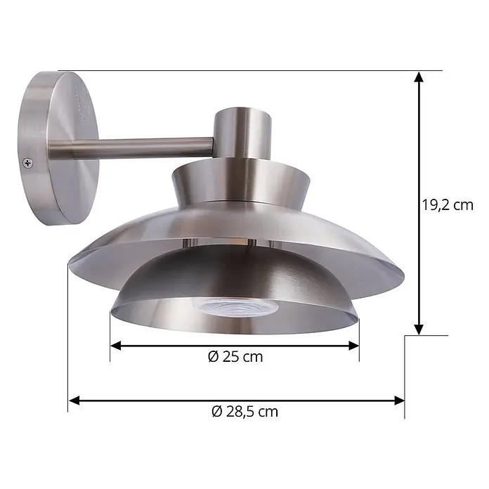 Lucande Außenwandleuchte Thais - alu / grau / zink, IP44 - Wandleuchte aus gebürstetem Metall mit gestuftem, konischem Schirm in Silber, zeigt ihre Maße.