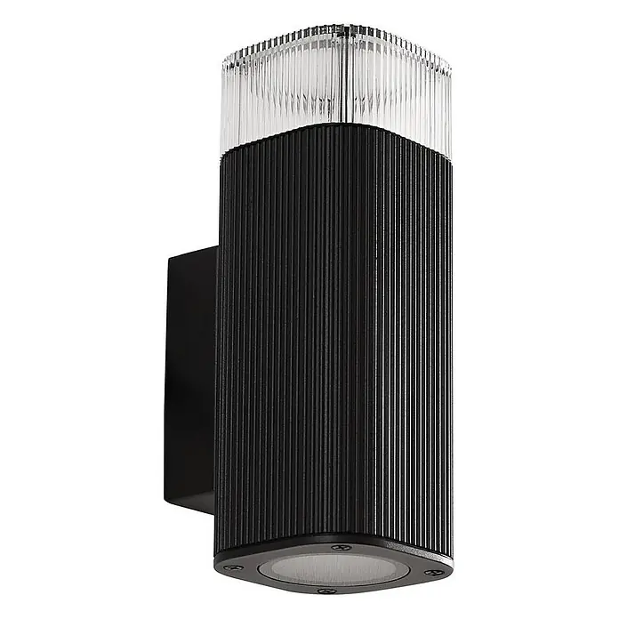 Lindby Außenwandleuchte Halvar - 8 x 11 x 20,5 cm, schwarz, klar / transparent, IP65 - Schwarze gerippte Außen-Auf-und-Ab-Wandleuchte mit klarer geriffelter Oberseite.