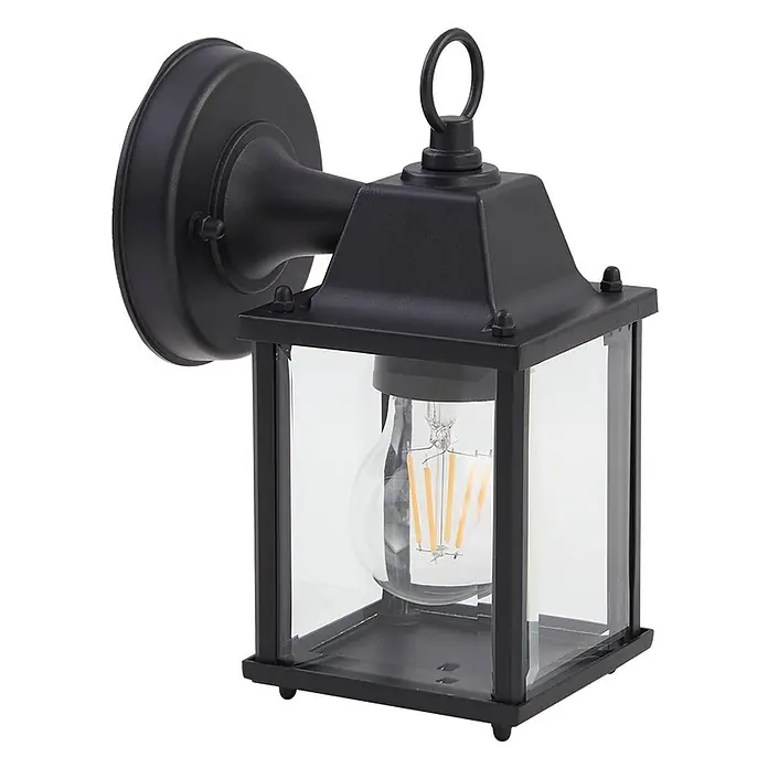 Lindby Außenwandleuchte Rurik - schwarz, IP44 - Schwarze Outdoor-Wandlaterne mit klaren Glaspaneelen und LED-Glühfadenlampe.