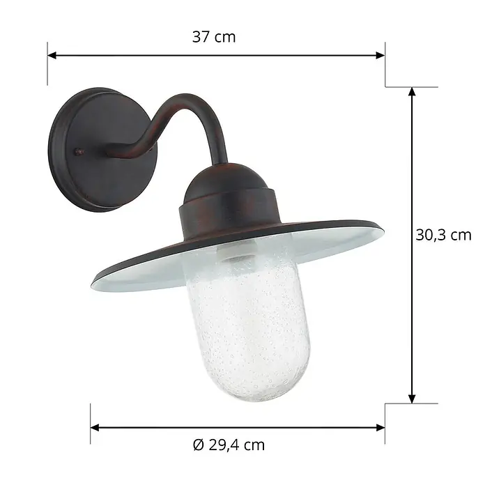 Lindby Außenwandleuchte Filip - 37 x 29,4 x 30,3 cm, braun / rost, braun / rost, IP44 - Dunkle bronzefarbene Außenwandleuchte mit gebogenem Arm und klarem, strukturiertem Glas.