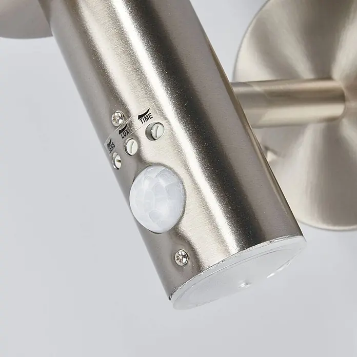 Lindby Außenwandleuchte Djori - alu / grau / zink, IP44 - Wandleuchte aus gebürstetem Edelstahl mit Bewegungsmelder und einstellbaren SENS, LUX, TIME-Einstellungen.