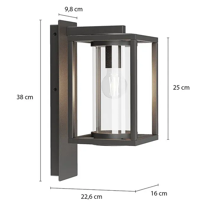 Lucande Außenwandleuchte Ferda - 22,6 x 16 x 38 cm, schwarz, schwarz, IP44 - Dunkelgraue Wandaußenleuchte mit rechteckigem Rahmen und klarem Glaszylinder.