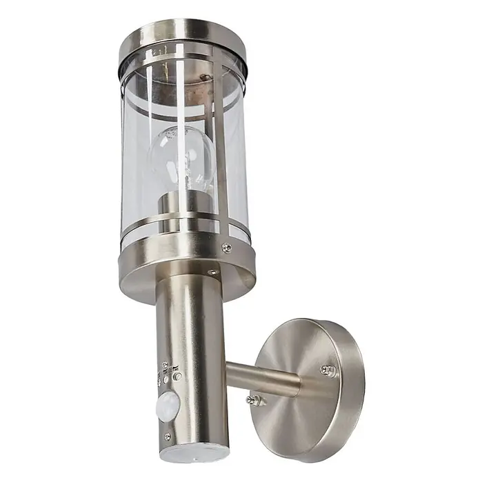 Lindby Außenwandleuchte Djori - alu / grau / zink, IP44 - Gebürstete Metall-Außenwandleuchte mit zylindrischem Klarglas und Bewegungsmelder.