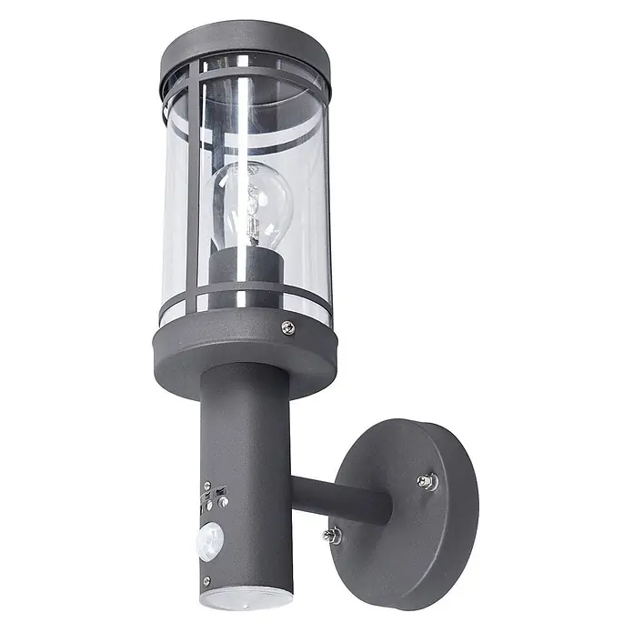 Lindby Außenwandleuchte Djori - alu / grau / zink, IP44 - Dunkelgraue Außenwandleuchte mit klarem Glaszylinder, sichtbarer Glühbirne und integriertem Bewegungssensor.