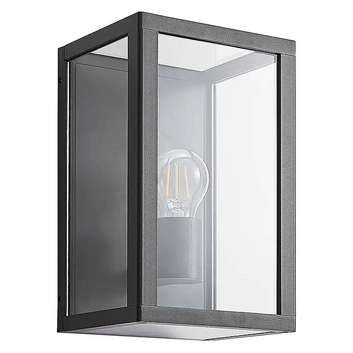Lindby Außenwandleuchte Giavanna - 17,1 x 18 x 28 cm, schwarz, schwarz, IP44 - Schwarze rechteckige Außenwandleuchte mit strukturiertem Rahmen, Klarglas und sichtbarer Filament-LED-Birne.
