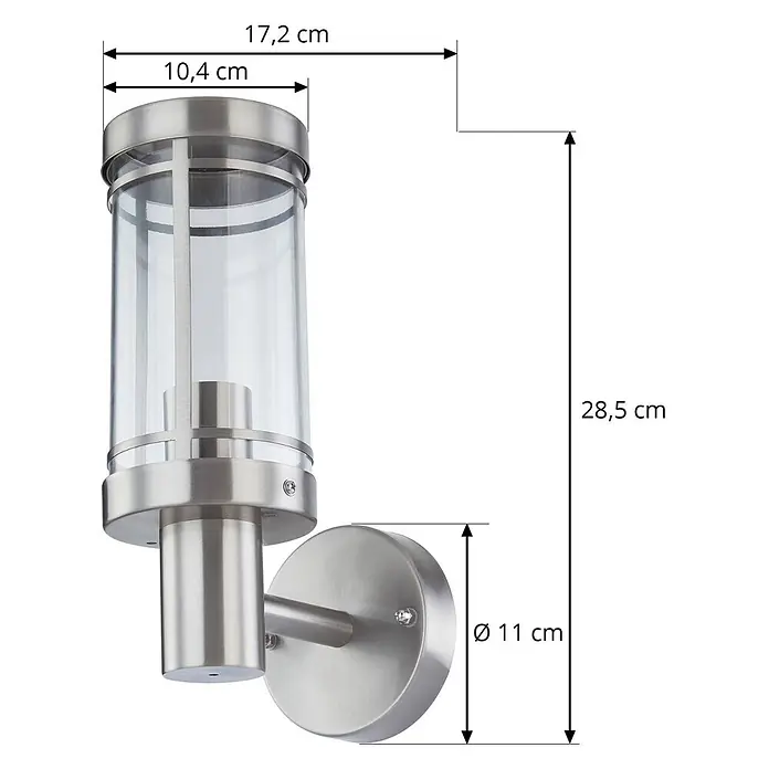 Lindby Außenwandleuchte Djori - alu / grau / zink, IP44 - Gebürstete Edelstahl-Wandleuchte mit Zylinder aus Klarglas, 28,5 cm hoch, 10,4 cm Durchmesser, 17,2 cm Wandabstand.