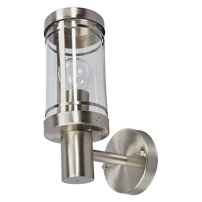 Lindby Außenwandleuchte Djori - alu / grau / zink, IP44 - Wandmontierte Lampe aus gebürstetem Nickel mit klarem zylindrischem Glasschirm.