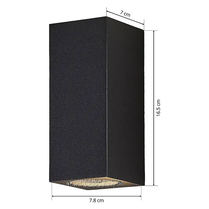 Lucande Außenwandleuchte Lavina - 7,8 x 7 x 16,5 cm, alu / grau / zink, alu / grau / zink, IP65 - Schwarze, texturierte, rechteckige Wandleuchte mit warmem Downlight, Maße abgebildet.