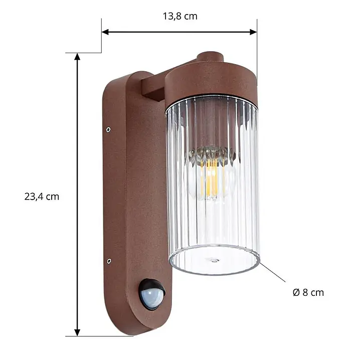 Lindby Außenwandleuchte Kaliro - braun / rost, klar / transparent, IP54 - Braune Außenwandleuchte mit geripptem Glaszylinder und Bewegungsmelder.