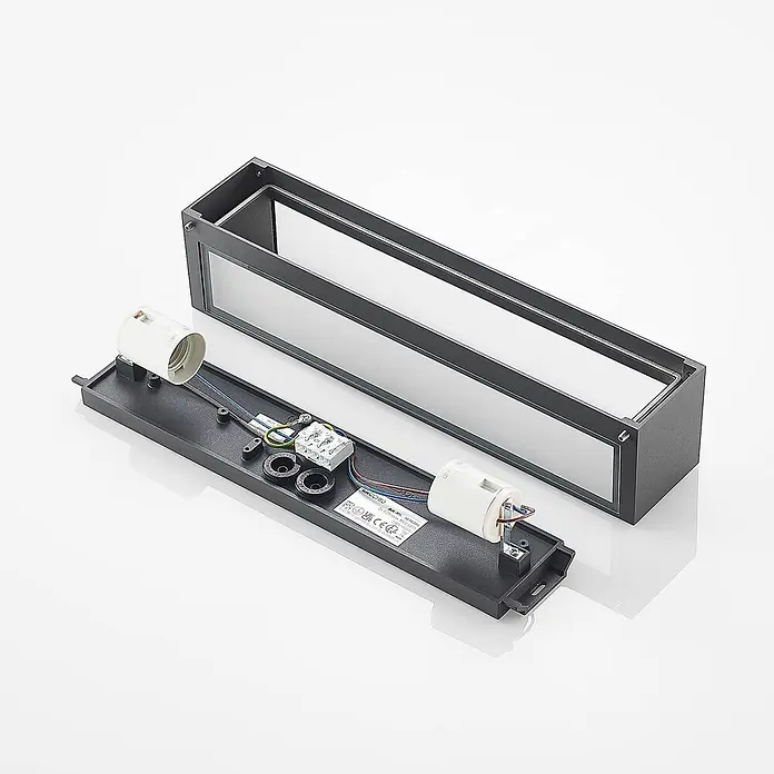 Arcchio Außenwandleuchte LengoE27 - alu / grau / zink, IP54 - Zerlegte rechteckige dunkelgraue Wandleuchte aus Metall mit Klarglas, zeigt interne elektrische Komponenten und zwei E27-Lampenfassungen.