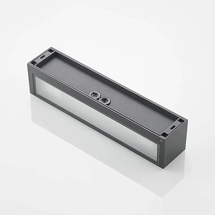 Arcchio Außenwandleuchte LengoE27 - alu / grau / zink, IP54 - Dunkelgraue rechteckige LED-Außenwandleuchte mit klarer Frontplatte und sichtbaren Montagepunkten oben.
