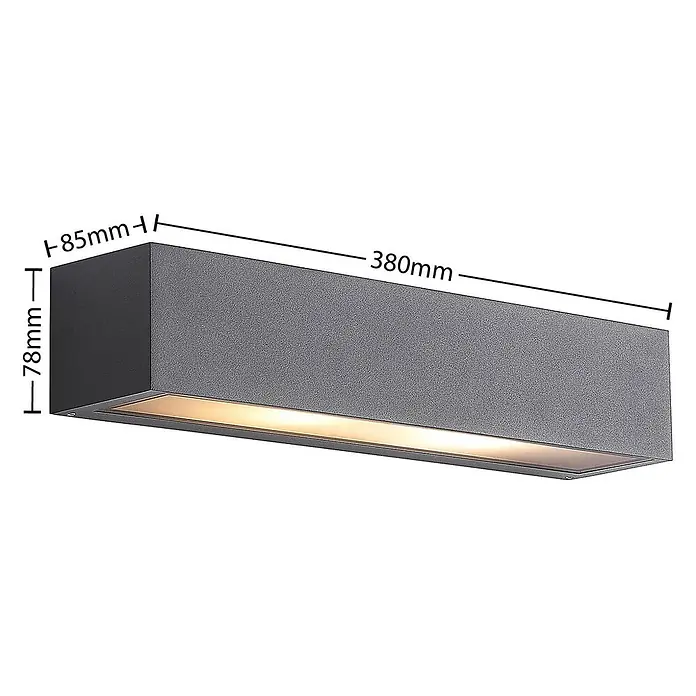 Arcchio Außenwandleuchte LengoE27 - alu / grau / zink, IP54 - Rechteckige dunkelgraue Wandleuchte, strukturiert, mit warmem Licht. Maße: 380x78x85mm.