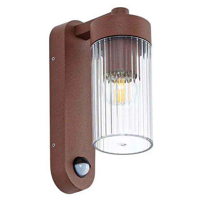 Lindby Außenwandleuchte Kaliro - braun / rost, klar / transparent, IP54 - Braune Außenwandleuchte mit geripptem Klarglasschirm, Bewegungssensor und LED-Glühbirne.