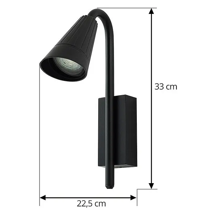 Lindby Außenwandleuchte Sorvete - 22,5 x 8 x 33 cm, schwarz, schwarz, IP65 - Schwarz lackierter Wandstrahler mit gebogenem Arm und konischem Kopf, 33 cm hoch und 22,5 cm breit.