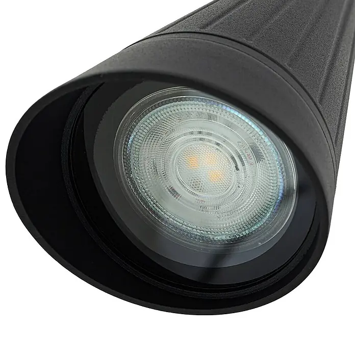 Lindby Außenwandleuchte Sorvete - 22,5 x 8 x 33 cm, schwarz, schwarz, IP65 - Schwarzer, zylindrischer LED-Außenstrahler mit strukturierter Oberfläche, klarer gemusterter Linse und zwei warmweißen LEDs.