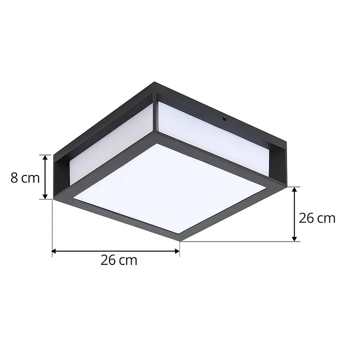 Lindby Außenwandleuchte Sivana - schwarz, schwarz, IP44 - Quadratische dunkelgraue LED-Deckenleuchte mit weißem Diffusor, 26x26x8 cm.