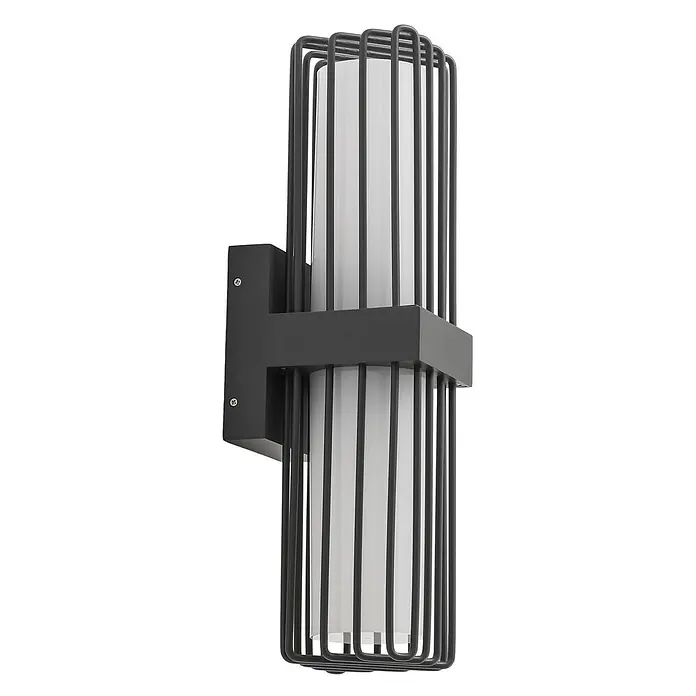 Lucande Außenwandleuchte Chandan - 13,6 x 10,6 x 41,9 cm, schwarz, schwarz, IP54 - Schwarze Wandleuchte aus Metallkäfig mit weißem zylindrischem Diffusor.